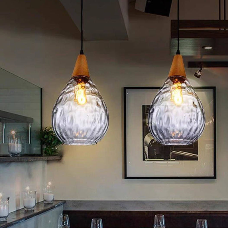 Pendant Light | Wood Cap Glass Teardrop Design