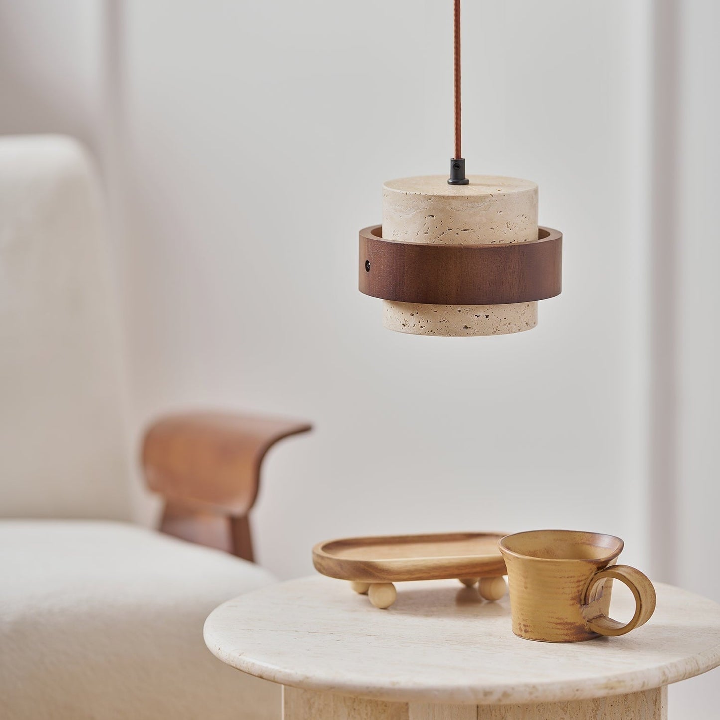 Pendant Light | Travertine Wood Cylinder Design