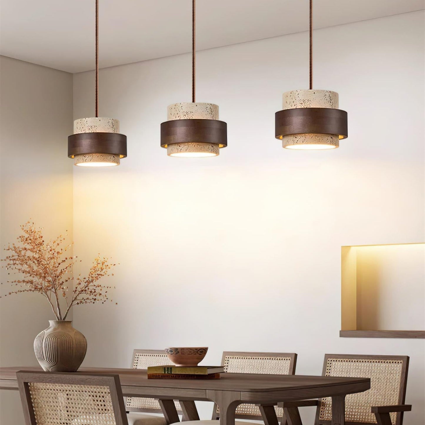 Pendant Light | Travertine Wood Cylinder Design