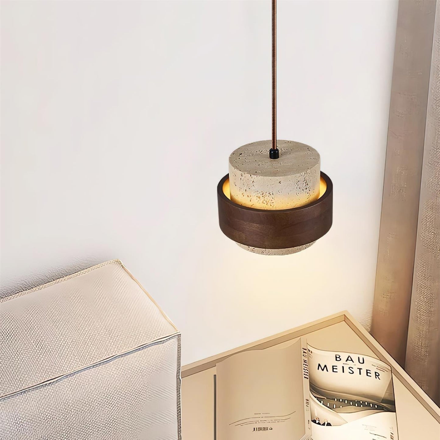 Pendant Light | Travertine Wood Cylinder Design