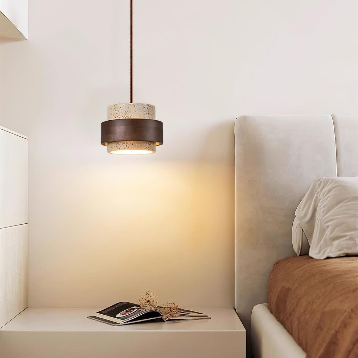 Pendant Light | Travertine Wood Cylinder Design