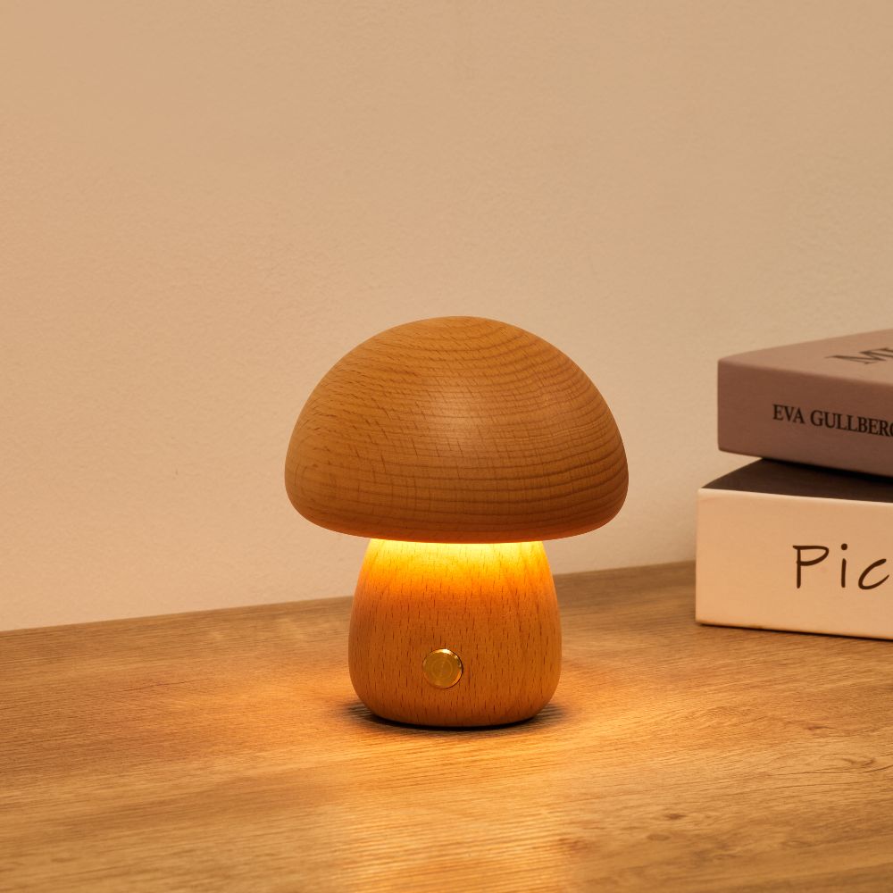 Table Light | Carved Wood Mushroom Design