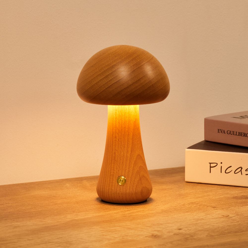 Table Light | Carved Wood Mushroom Design