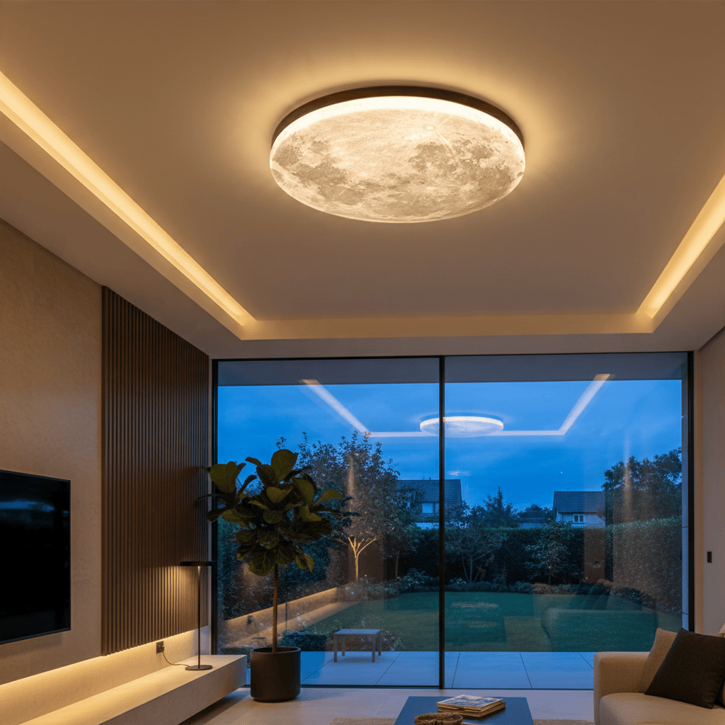 Elvora Ceiling Light | Lunar Disc Wood Ring LED Design