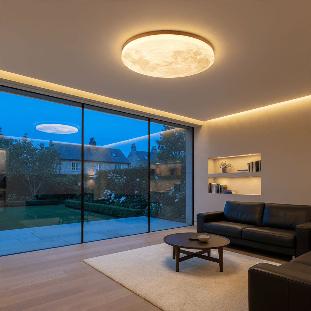 Elvora Ceiling Light | Lunar Disc Wood Ring LED Design