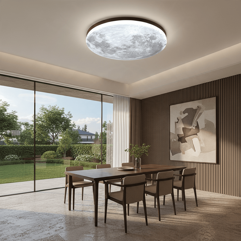 Elvora Ceiling Light | Lunar Disc Wood Ring LED Design