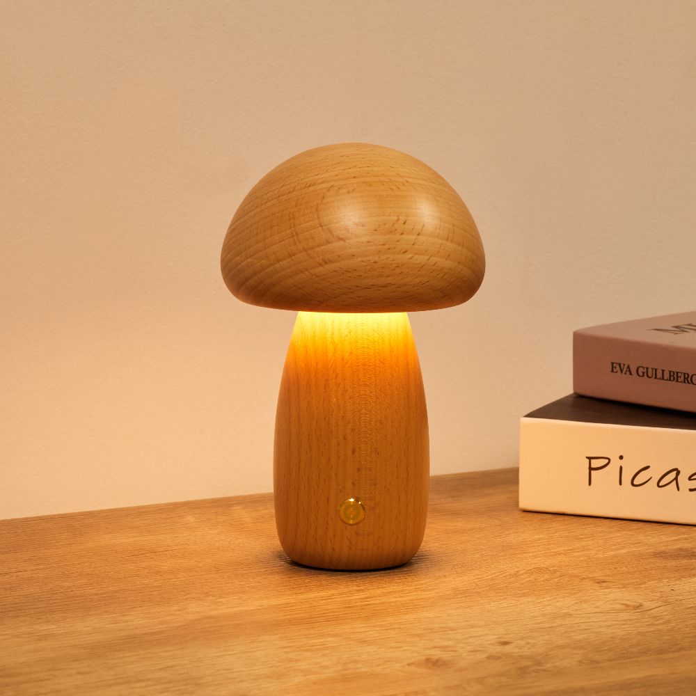 Table Light | Carved Wood Mushroom Design