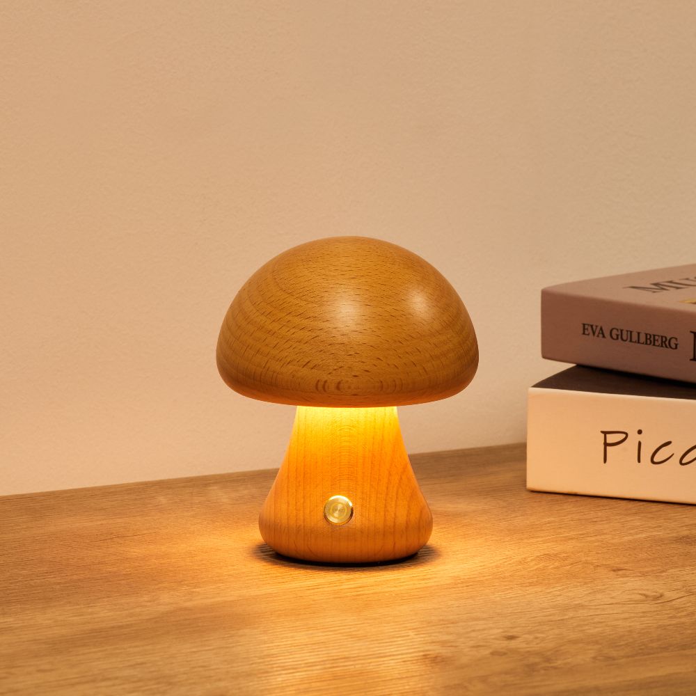 Table Light | Carved Wood Mushroom Design